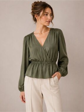 Banana Republic Olive Green Peplum Blouse Draped Work Top Long Sleeve M